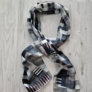 corpcore gray black geometric print silk rectangle medium length scarf